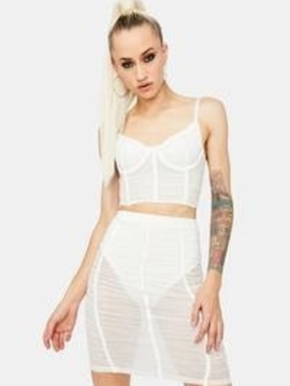 White High-Waist Sheer Panel Midi Skirt And Boustier 2pc Coord Set